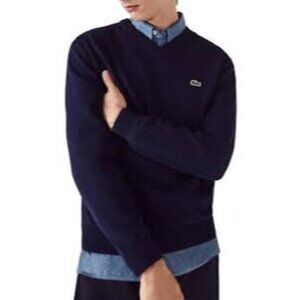 Lacoste V-Neck Sweater Monochrome Cotton Pullover Jumper Blue Cotton Emblem Size
